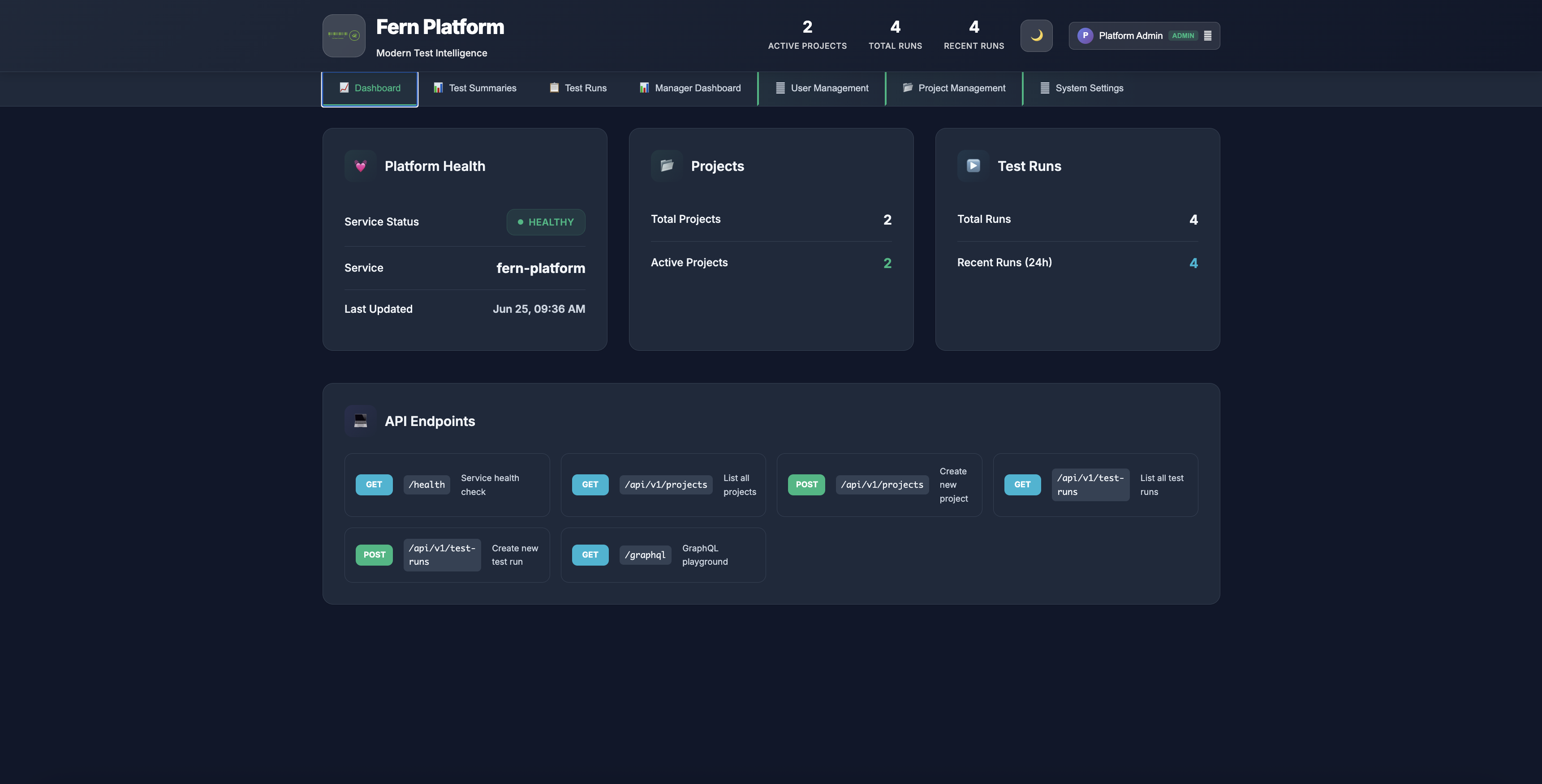 Fern Platform Main Dashboard showing platform health, projects overview, and API endpoints