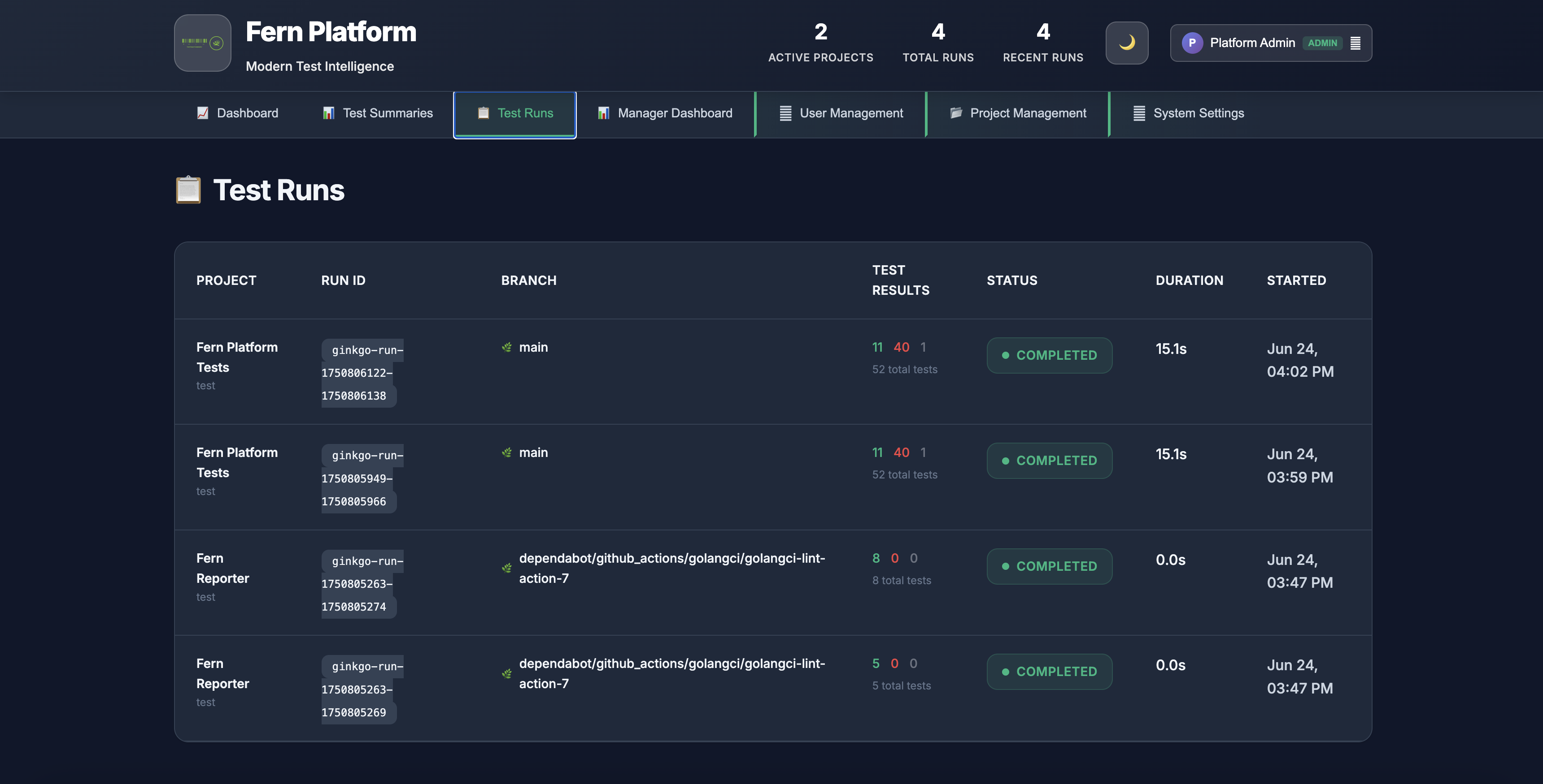 Detailed test runs table with status and metrics