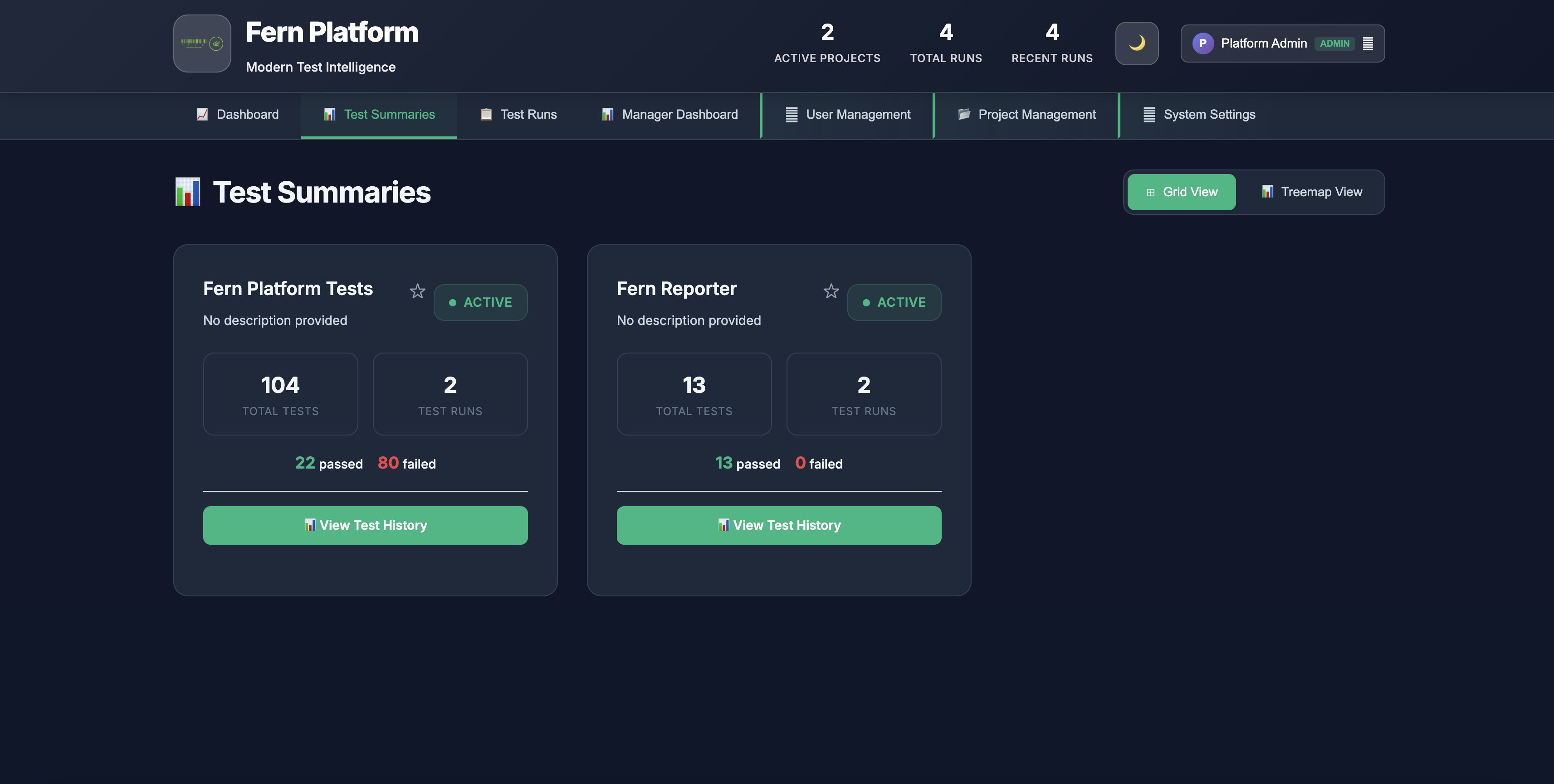 Project summary cards with test metrics and status